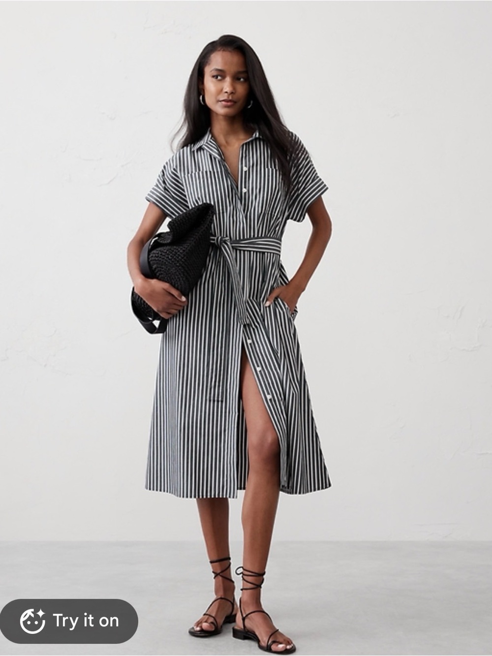 Banana Republic Factory Tie Waist Midi Shirtdress Charcoal Stripe Cotton Medium